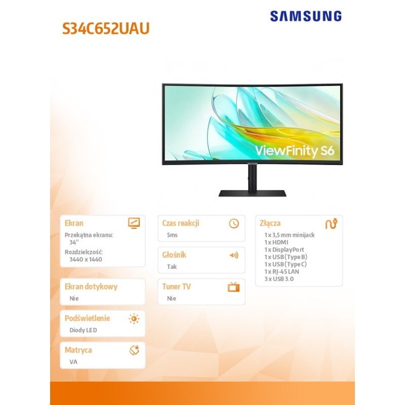 Monitor Samsung 34" Viewfinity S6 LS34C652UAUXEN VA UWQHD 100Hz HDMI DP HUB