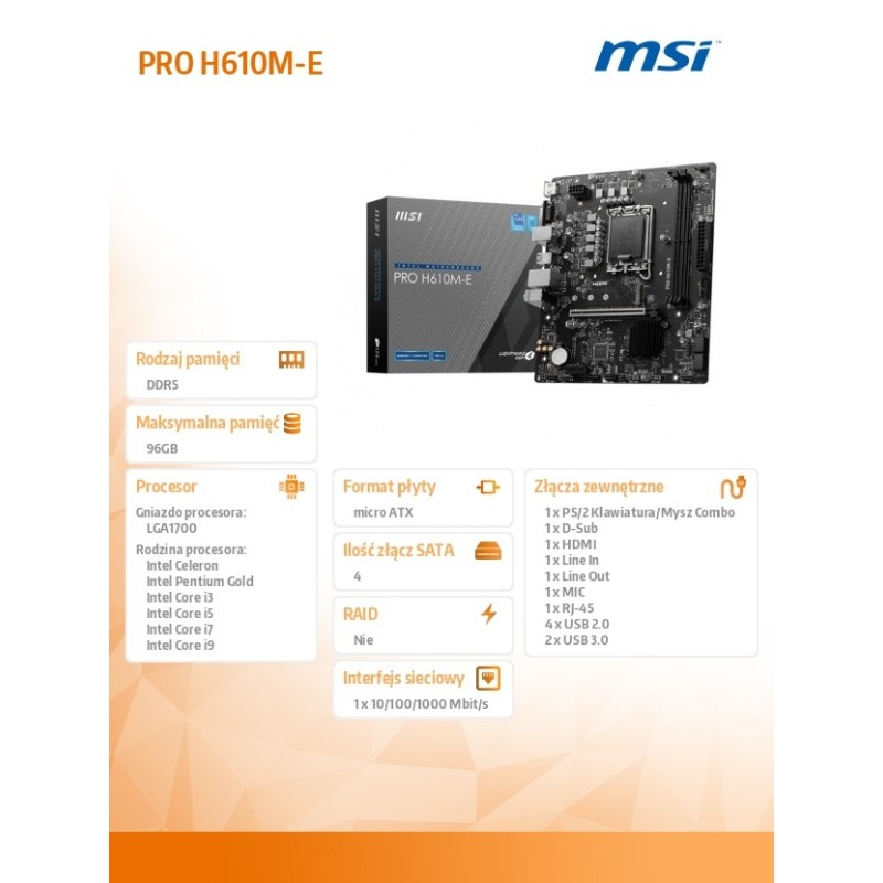 Płyta MSI PRO PRO H610M-E /H610/DDR5/SATA3/M.2/USB3.0/PCIe4.… | PartsPC.pl