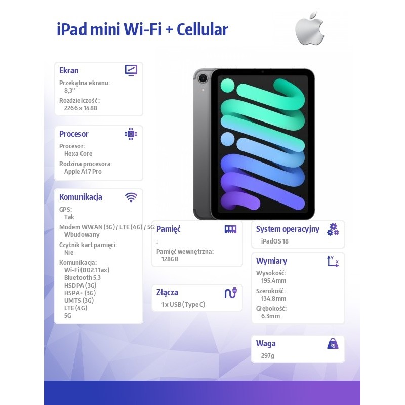Apple iPad mini Wi-Fi + Cellular 128GB Gwiezdna szarość | PartsPC.pl