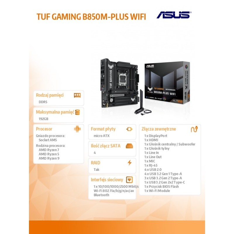 Asus Płyta główna TUF GAMING B850M-PLUS WIFI | PartsPC.pl