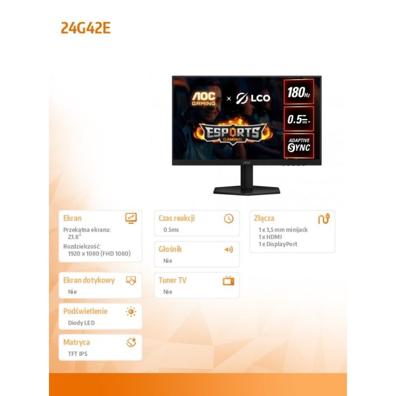 Monitor AOC 23,6" 24G42E IPS 180Hz HDMI DP | PartsPC.pl
