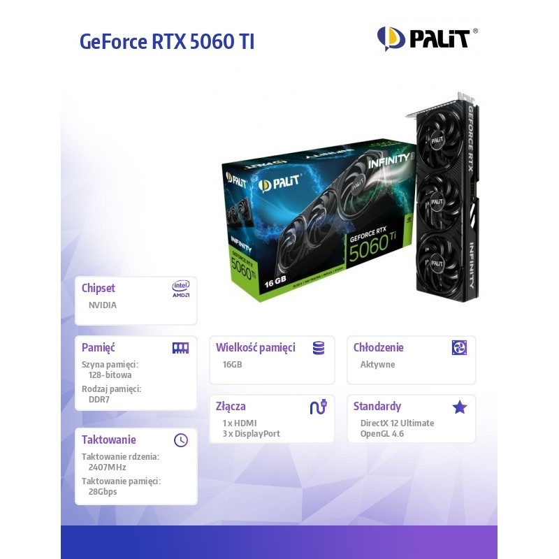 Karta VGA Palit GeForce RTX 5060 Ti Infinity 3 16GB GDDR7 12… | PartsPC.pl