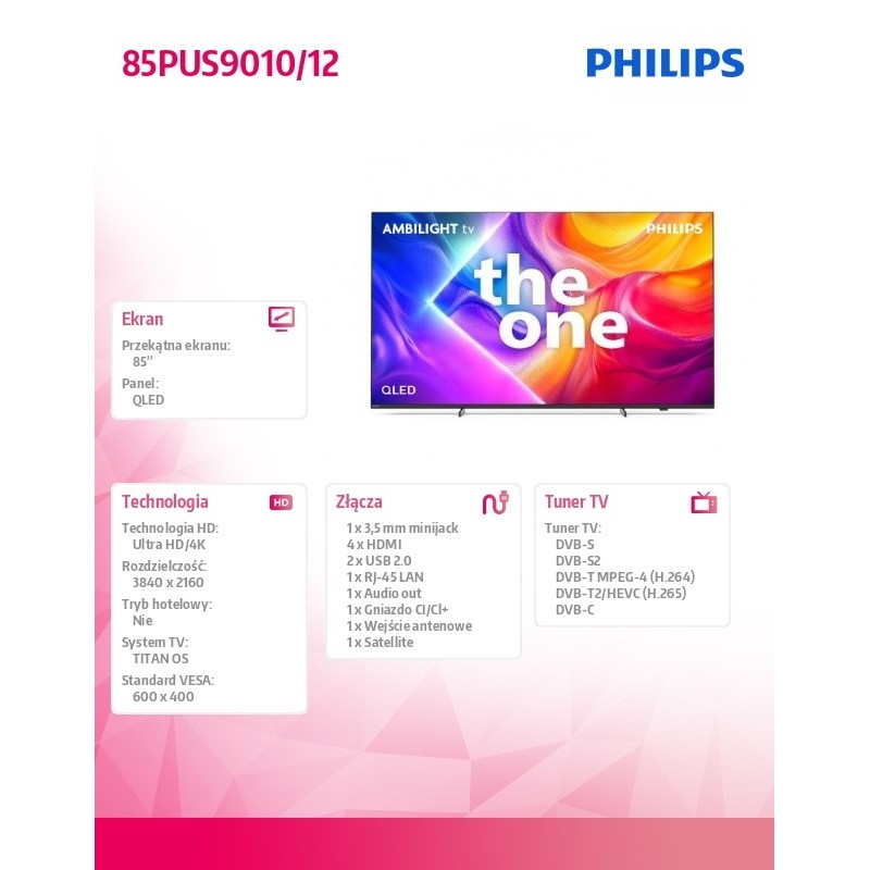 Philips Telewizor 85 cali LED 85PUS9010/12 | PartsPC.pl