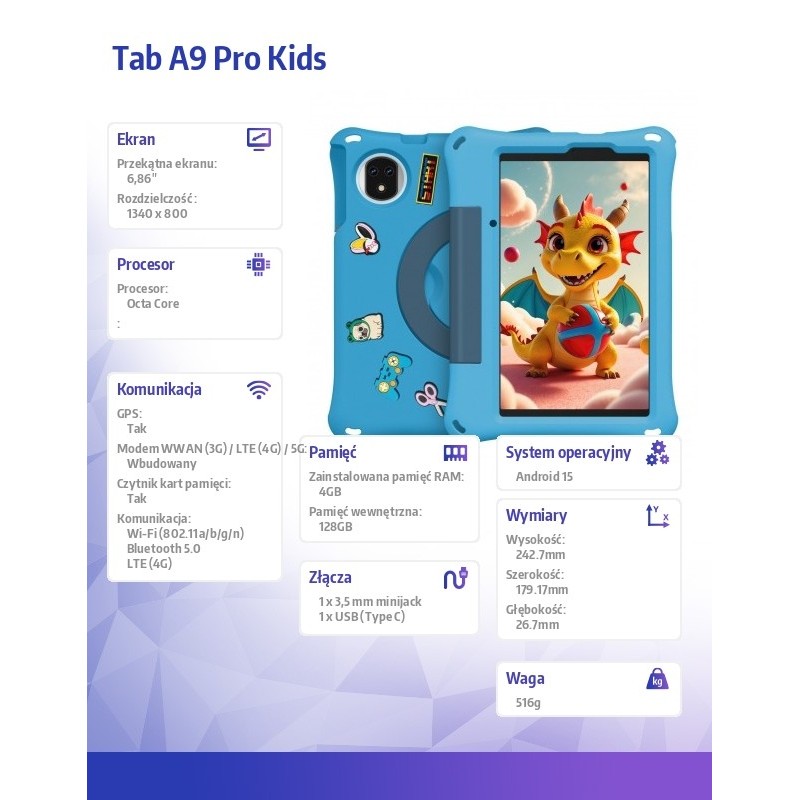 ULEFONE Tablet Tab A9 Pro Kids 4G 8" 4/128GB z etui dla dzie… | PartsPC.pl