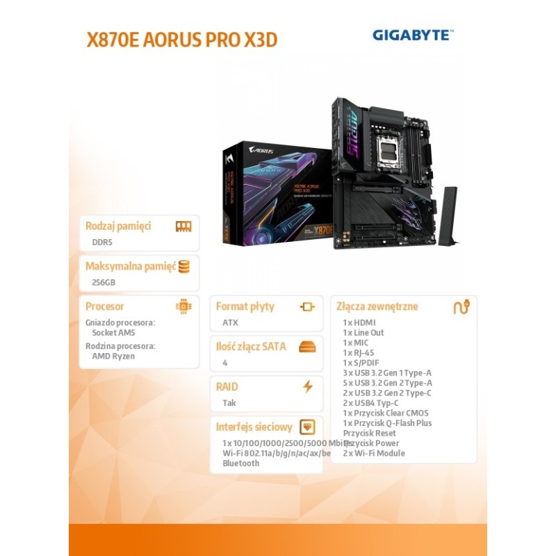 Gigabyte Płyta główna X870E A PRO X AM5 4DDR5 | PartsPC.pl