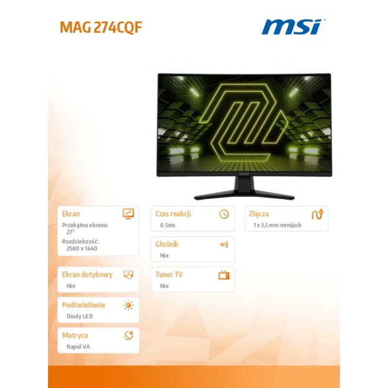 MSI Monitor MAG 274CQF 27 cali/LED/WQHD/Zakrzywiony/180Hz/Cz… | PartsPC.pl