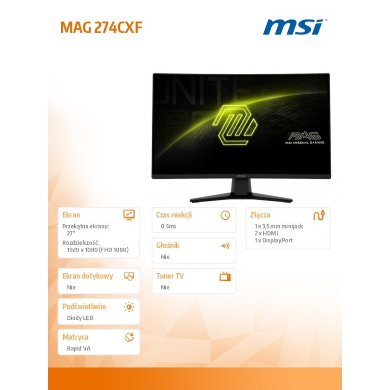 Monitor MSI 27" MAG 274CXF Rapid VA FHD 280Hz 2xHDMI DP