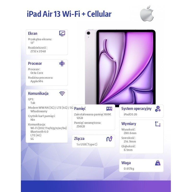 Apple iPad Air 13 cali Wi-Fi + Cellular 256GB Fioletowy | PartsPC.pl