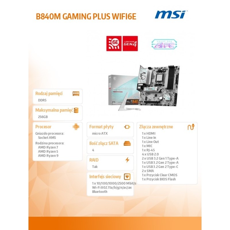 Płyta MSI B840M GAMING PLUS WIFI6E /AMD | PartsPC.pl