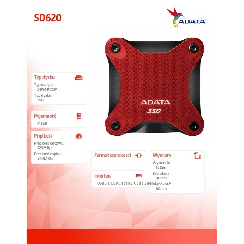Adata Dysk zewnętrzny SSD SD620 512G U3.2A 520/460 MB/s czer… | PartsPC.pl