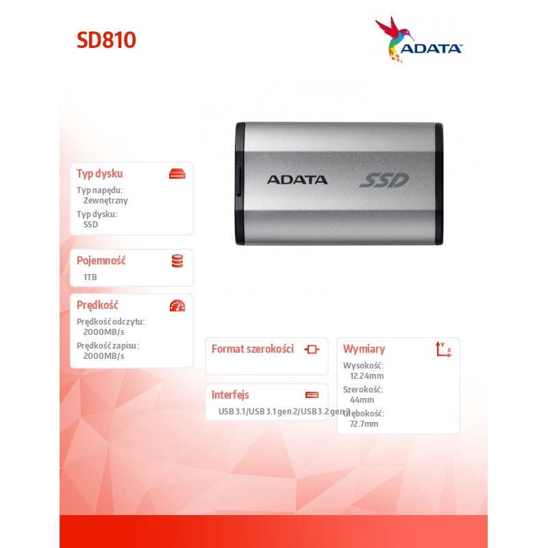 Adata Dysk SSD External SD810 1TB USB3.2C 20Gb/s srebrny | PartsPC.pl