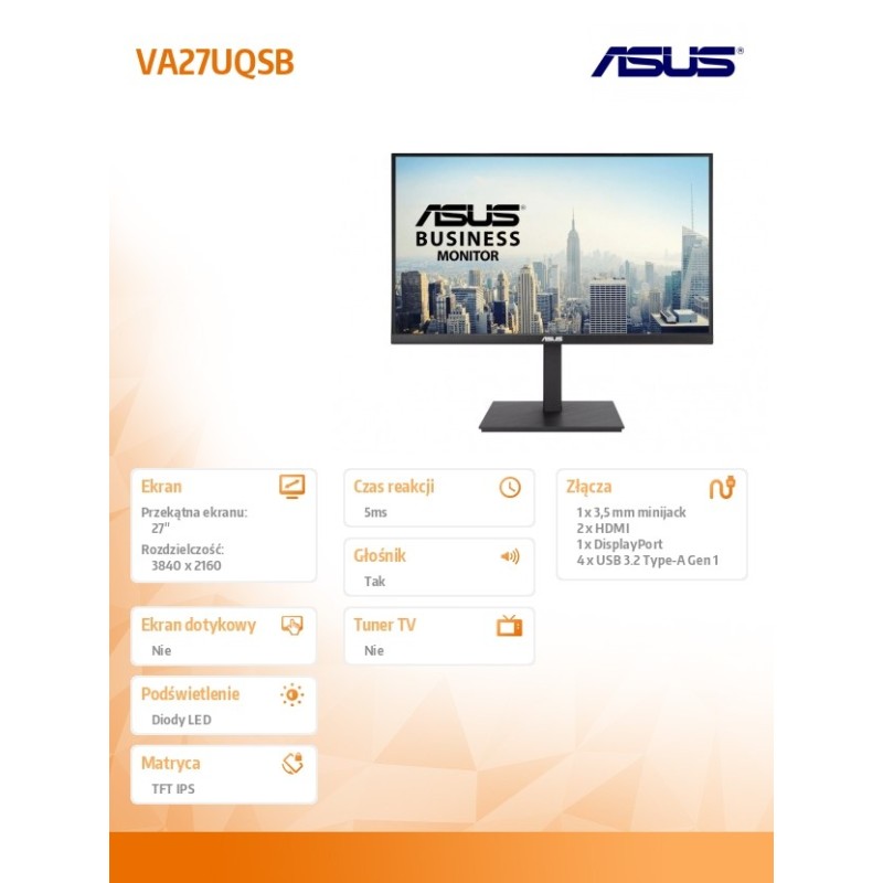 Monitor Asus 27" Business Monitor VA27UQSB 2xHDMI DP 4xUSB g… | PartsPC.pl