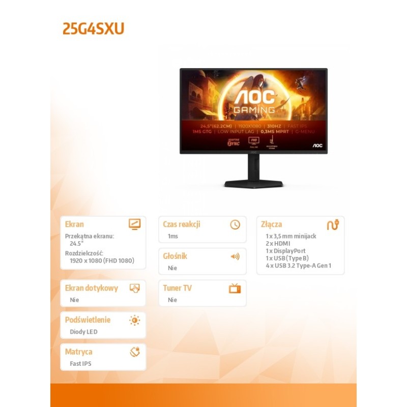 Monitor AOC 24,5" 25G4SXU Fast IPS FHD 300Hz 2xHDMI DP... | PartsPC.pl