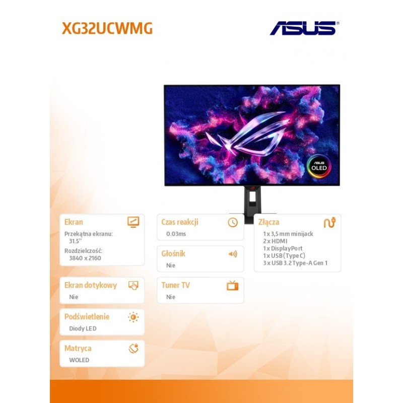 Monitor Asus 31,5" ROG Strix OLED XG32UCWMG 4K UHD 240Hz 2xH… | PartsPC.pl