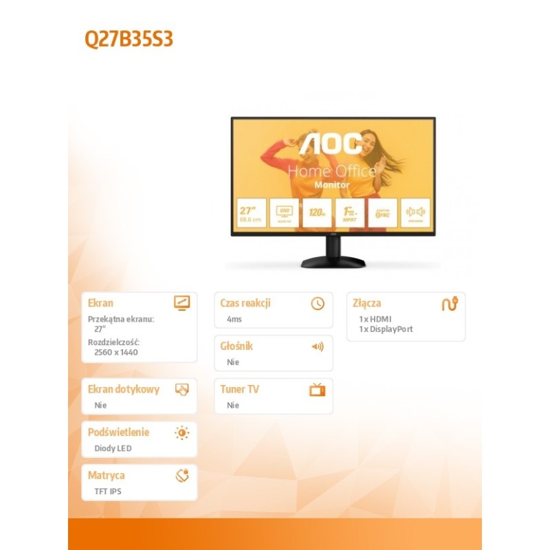 AOC Monitor Q27B35S3 27 cali IPS 120Hz HDMI DP | PartsPC.pl