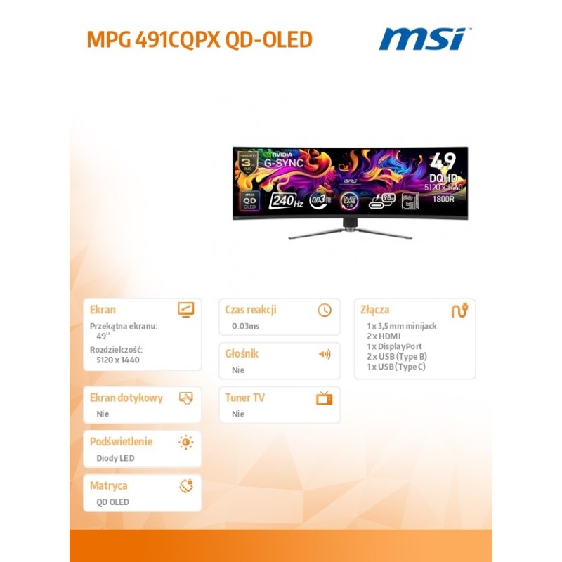 MSI Monitor MPG 491CQPX QD-OLED LED/QD-LED/Zakrzywiony/240Hz… | PartsPC.pl