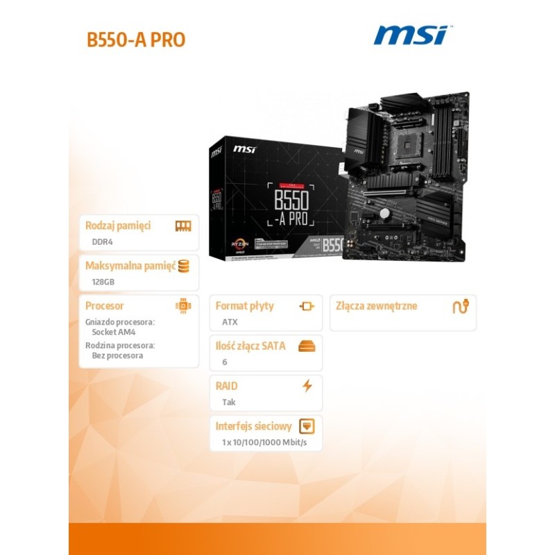 Płyta MSI B550-A PRO /AMD B550/DDR4/SATA3/M.2/USB3.1/PCIe4.0/AM4/ATX