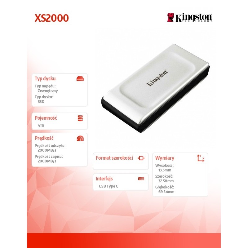 Kingston Dysk SSD XS2000 4000GB USB3.2 Gen2.2 zewnętrzny | PartsPC.pl