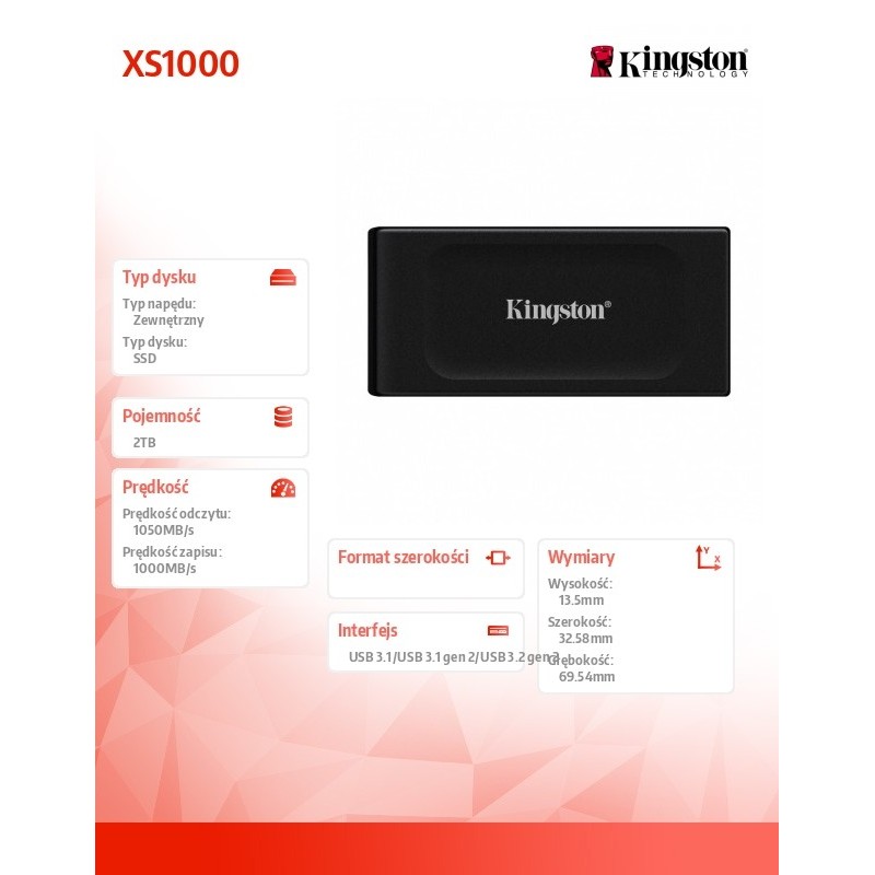Dysk zewnętrzny SSD Kingston XS1000 2TB USB 3.2 Gen 2 (1050/… | PartsPC.pl