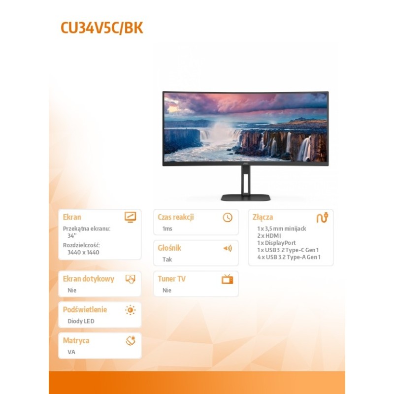 Monitor AOC 34" CU34V5C/BK HDMI DP USB-C głośniki | PartsPC.pl