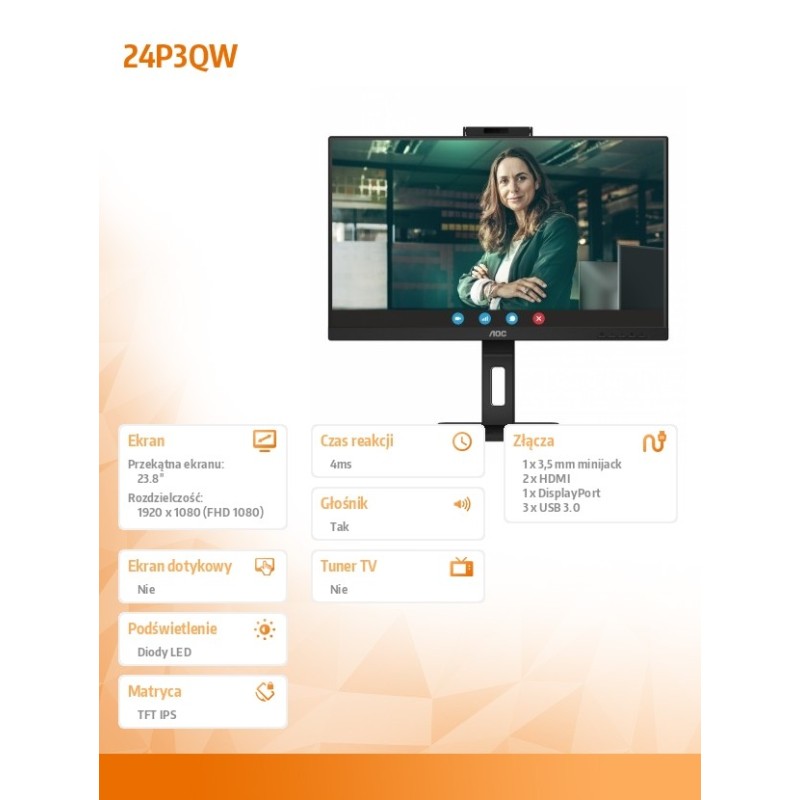 Monitor AOC 23,8" 24P3QW 2xHDMI DP 4xUSB głośniki 2x5W | PartsPC.pl