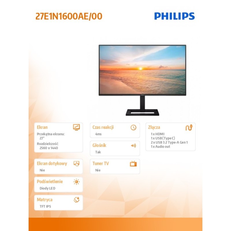 Monitor Philips 27" 27E1N1600AE/00 HDMI 3xUSB głosniki 2x2W… | PartsPC.pl