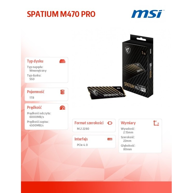 Dysk SSD MSI SPATIUM M470 Pro 1TB PCIe 4.0 NVMe 1.4 M.2 2280… | PartsPC.pl