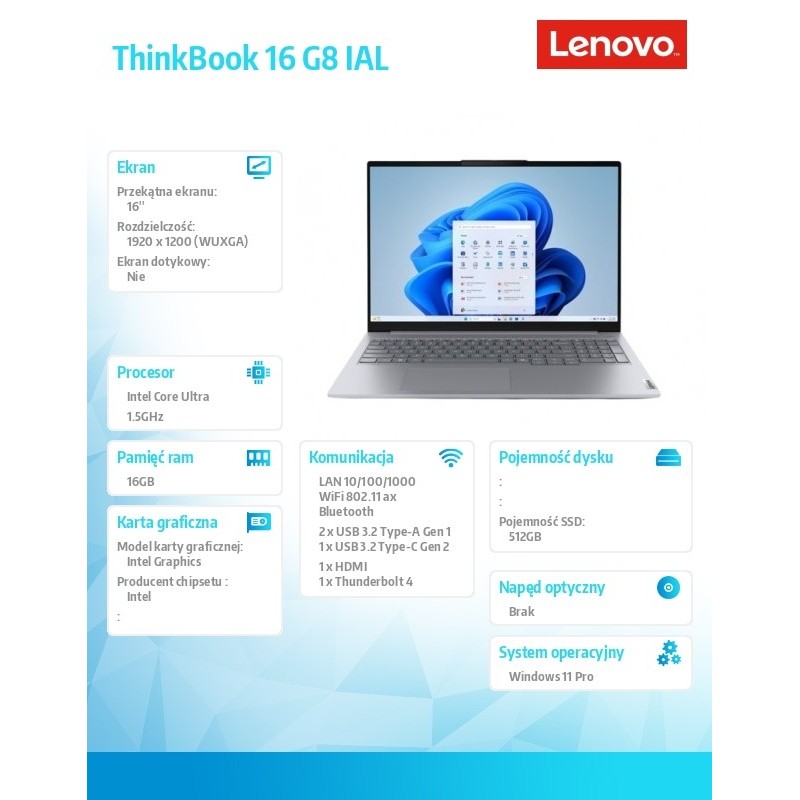 Notebook ThinkBook 16 G8 21SK008PPB W11Pro Ultra 5 225U/16GB… | PartsPC.pl
