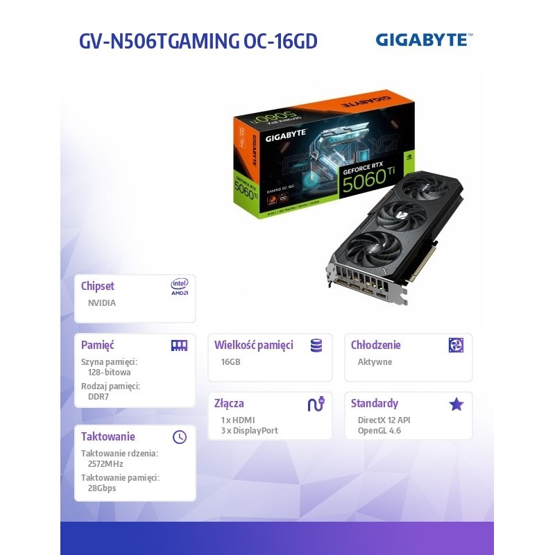 Karta VGA Gigabyte GeForce RTX 5060 Ti GAMING OC 16G 16GB GDDR7 128bit