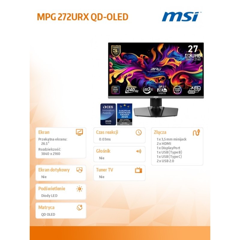 Monitor MSI 26,5" MPG 272URX QD-OLED 4K UHD 240Hz 2xHDMI DP … | PartsPC.pl