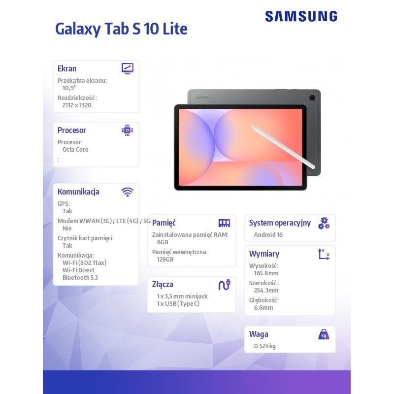 Tablet Galaxy Tab S10 Lite X400 10.9 cala Wifi 6/128GB szary | PartsPC.pl