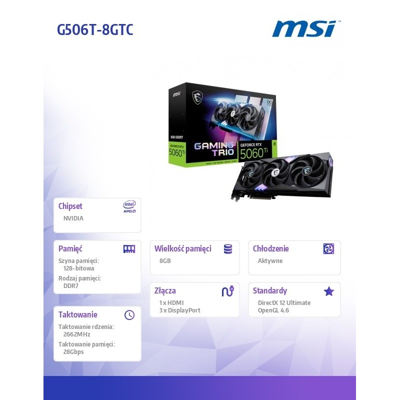 Karta VGA MSI GeForce RTX 5060 Ti 8G GAMING TRIO OC 8GB GDDR… | PartsPC.pl