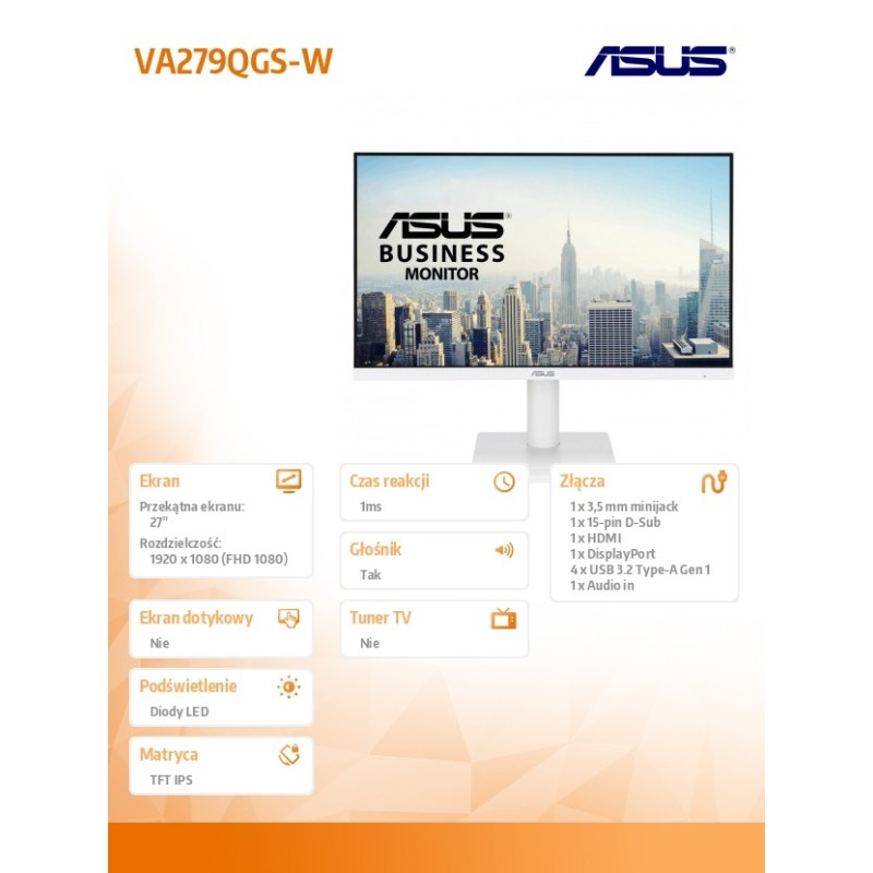 Asus Monitor 27 cali VA279QGS-W IPS FHD HDMI VGA DP 120Hz | PartsPC.pl