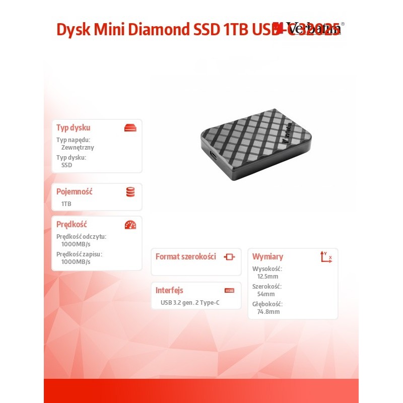 Dysk SSD zewnętrzny Verbatim Store 'n 'Go Mini Diamond 1TB USB-C 3.2 Gen 2