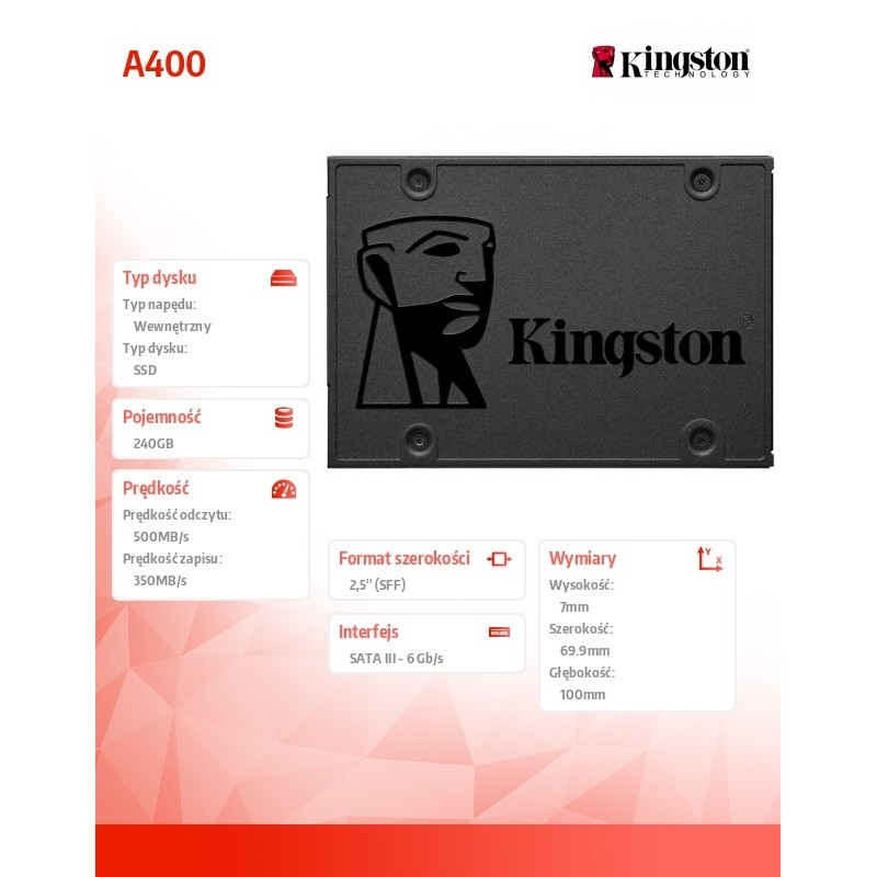 Dysk SSD Kingston A400 240GB 2,5" SATA3 (500/350 MB/s) 7mm… | PartsPC.pl