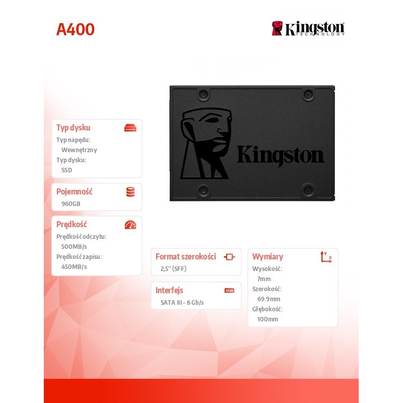 Dysk SSD Kingston A400 960GB 2,5" SATA3 (500/450 MB/s) 7mm… | PartsPC.pl