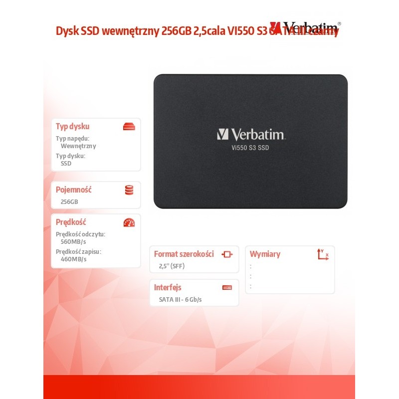 Dysk SSD wewnętrzny Verbatim Vi550 S3 256GB 2.5" SATA III czarny