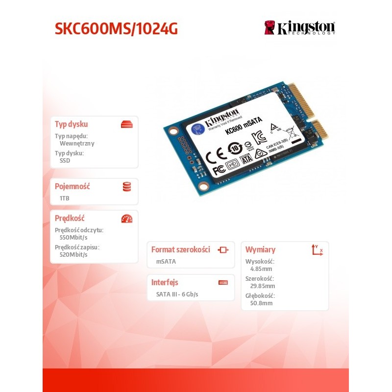 Kingston Dysk SSD SKC600 1024GB mSATA 550/520 MB/s | PartsPC.pl