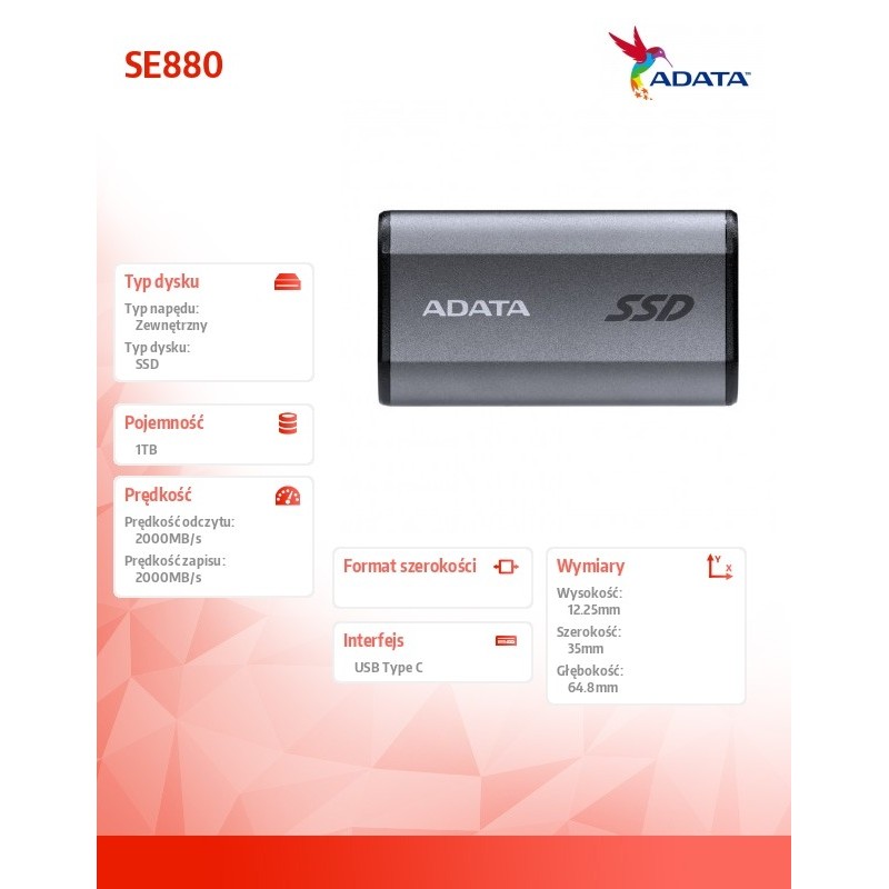 Adata Dysk zewnętrzny SSD SE880 1TB USB3.2A/C Gen2x2 | PartsPC.pl