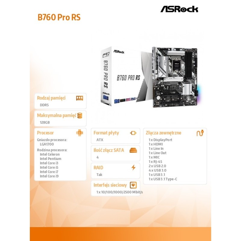 Płyta ASRock B760 PRO RS /B760/DDR5/SATA3/M.2/USB3.1/PCIe5.0… | PartsPC.pl
