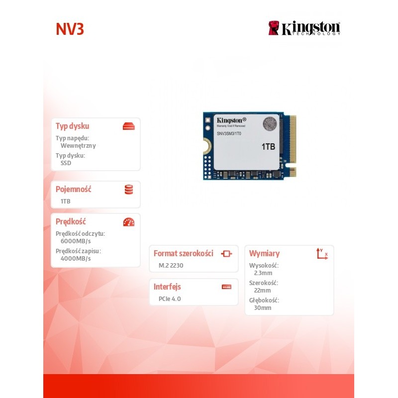 Dysk SSD Kingston NV3 M.2 2230 PCIe 4.0x4 NVMe 1TB (6000/400… | PartsPC.pl