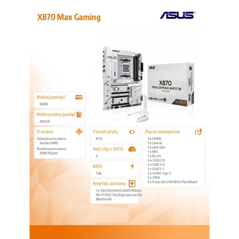 Płyta Asus X870 MAX GAMING WIFI7 W /AMD | PartsPC.pl