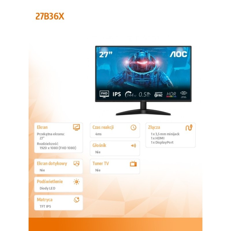 AOC Monitor 27B36X 27 cali IPS 144Hz HDMI DP | PartsPC.pl