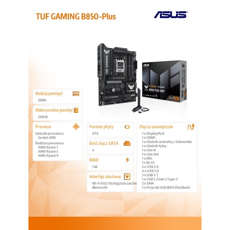 Asus Płyta główna TUF GAMING B850 PLUS WI FI AM5 4DDR5 DP/HD… | PartsPC.pl