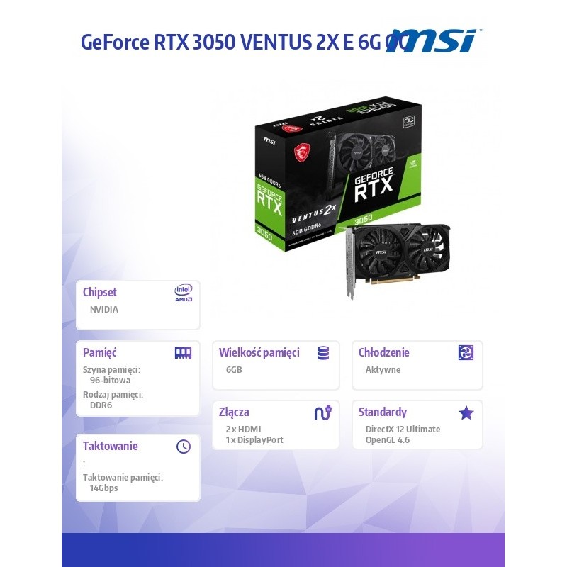 Karta VGA MSI GeForce RTX 3050 VENTUS 2X E 6G OC 6GB GDDR6 9… | PartsPC.pl