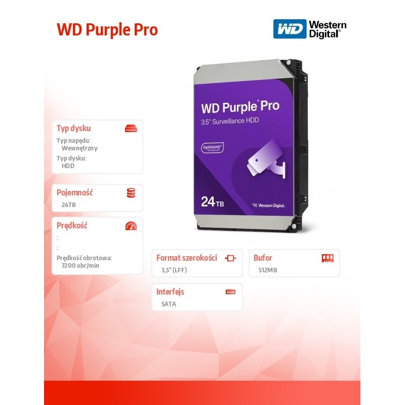 Dysk WD Purple™ Pro WD241PURP 24TB 3,5" 7200 512MB SATA III… | PartsPC.pl