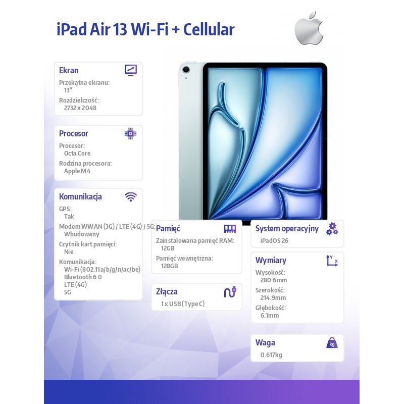 Apple iPad Air 13 cali Wi-Fi + Cellular 128GB Niebieski | PartsPC.pl