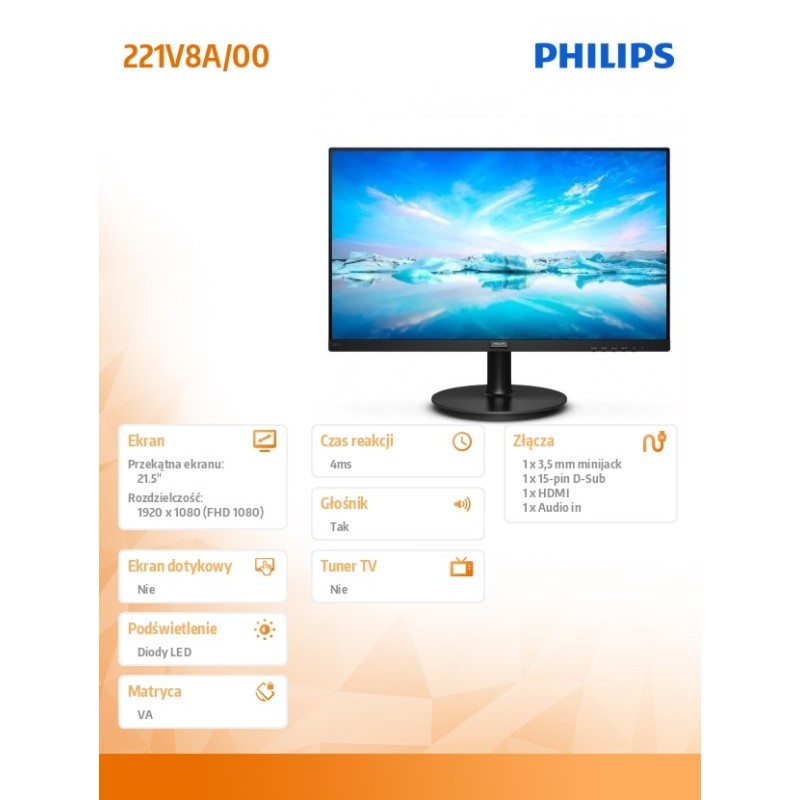 Monitor Philips 21,5" 221V8A/00 VGA HDMI głośniki | PartsPC.pl