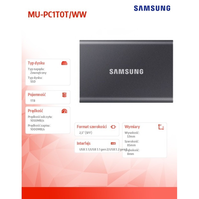 Dysk SSD zewnętrzny Samsung T7 Portable 1TB (1050/1000 MB/s)… | PartsPC.pl