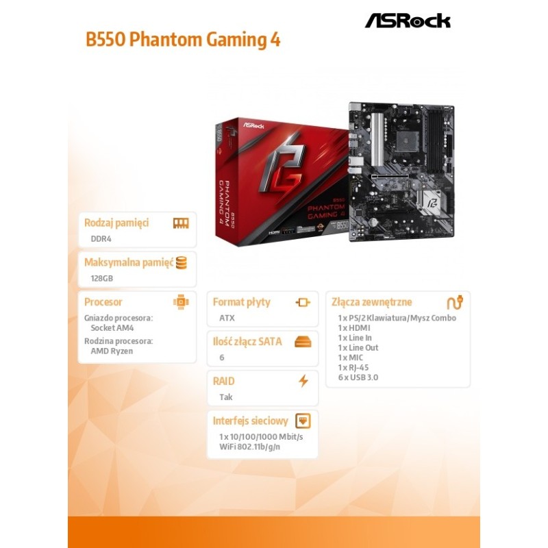 ASRock Płyta główna B550 Phantom Gaming 4 AM4 4DDR4 HDMI M.2… | PartsPC.pl